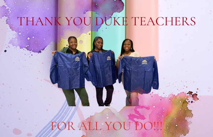  Three staff members holding gifts from the principal.